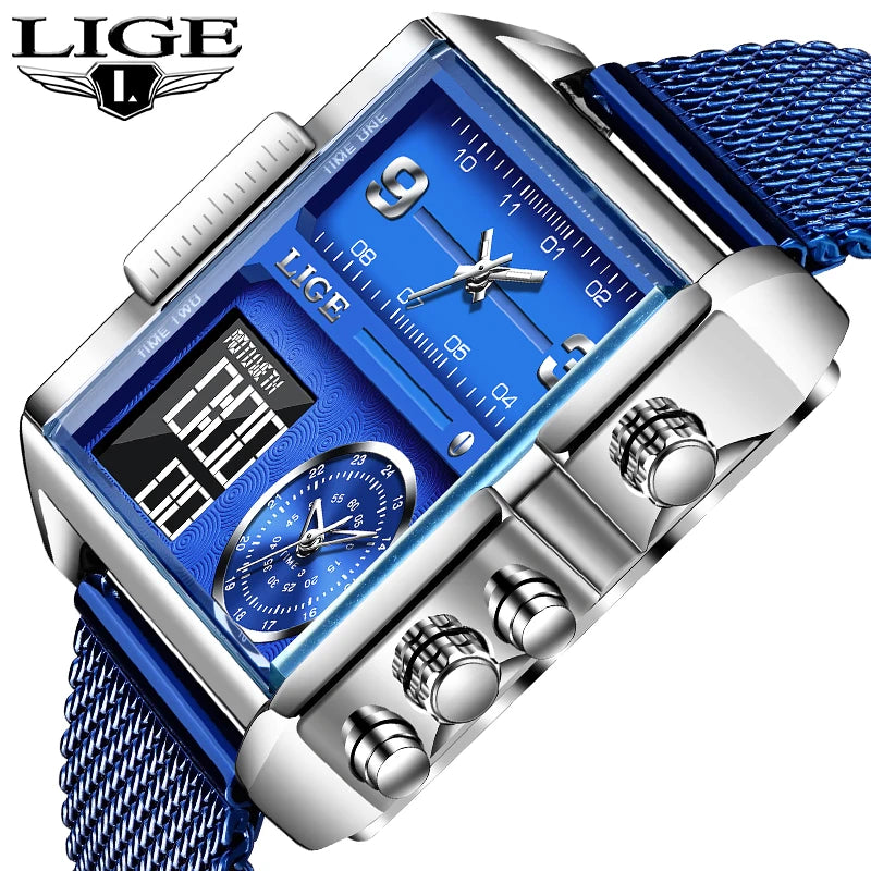 LIGE New Top Brand Luxury Hollow Square Mens Watches Sport Waterproof Watch Digital Analog Big Quartz Wristwatch for Men Relogio