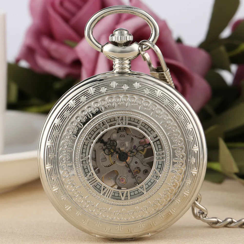 Gentleman Silver/Bronze Hollow Mechanical Pocket Watch Men Birthday Gifts Vintage Pendant Fob Chain Pocket Timepiece Male