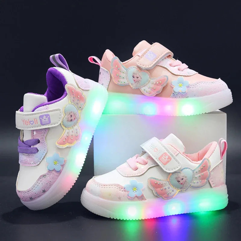 Disney Childrens LED Lights Illuminated Shoe Tennis Luminous Casual Sneakers Girls Zapatillas Non-slip Students Trend Chic Shoes